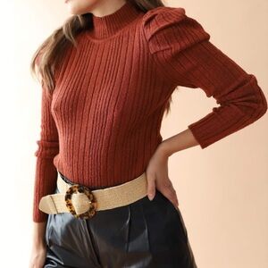 Current Air Los Angeles Brick Pleated Shoulder Long Sleeved Ribbed Sweater